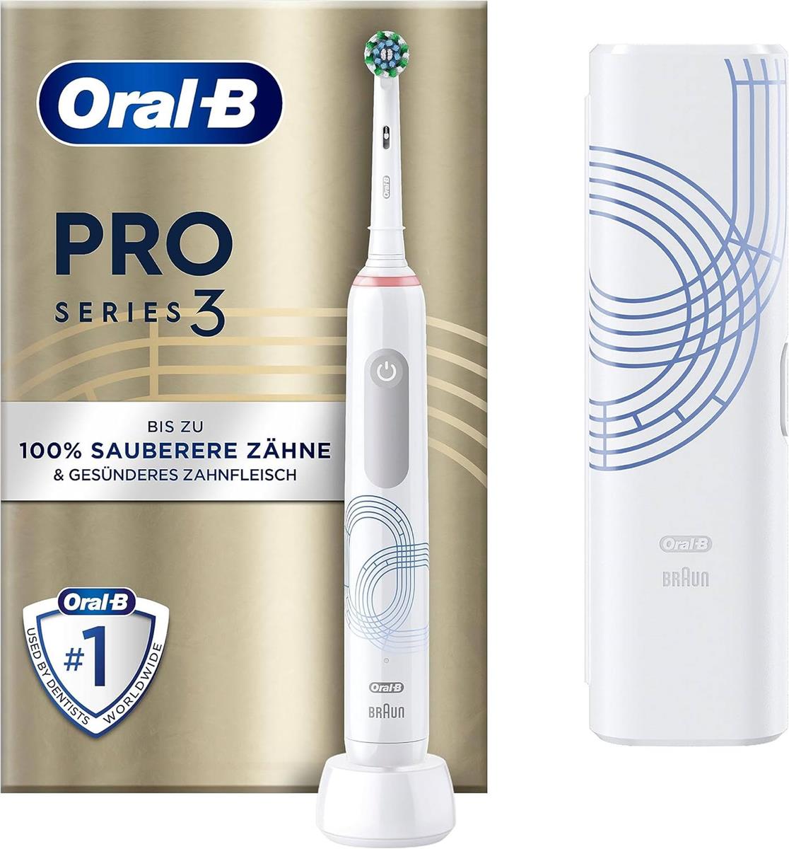 Oral-B Pro Series 3 Elektrische Zahnbürste/Electric Toothbrush, 1 Aufsteckbürste, 3 Putzmodi und visuelle 360° Andruckkontrolle für Zahnpflege, Reiseetui, Special Edition, Designed by Braun, white