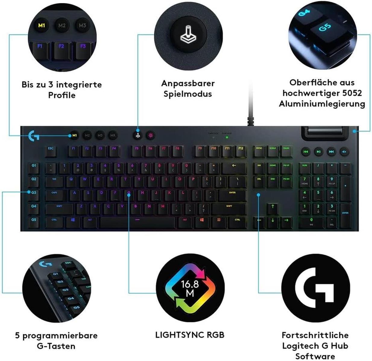 Logitech G815 mechanische Gaming-Tastatur, Taktile GL-Tasten, LIGHTSYNC RGB, 5 G-Tasten QWERTZ