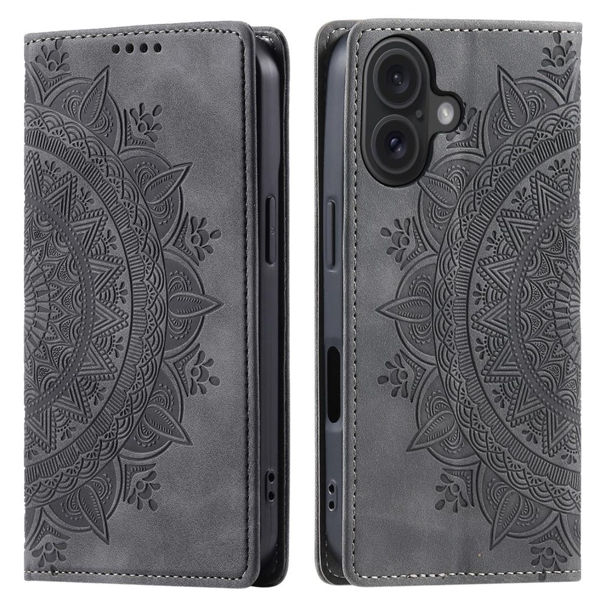 Hülle für Apple iPhone 16 Plus Handyhülle Flip Case Cover Tasche Mandala Grau