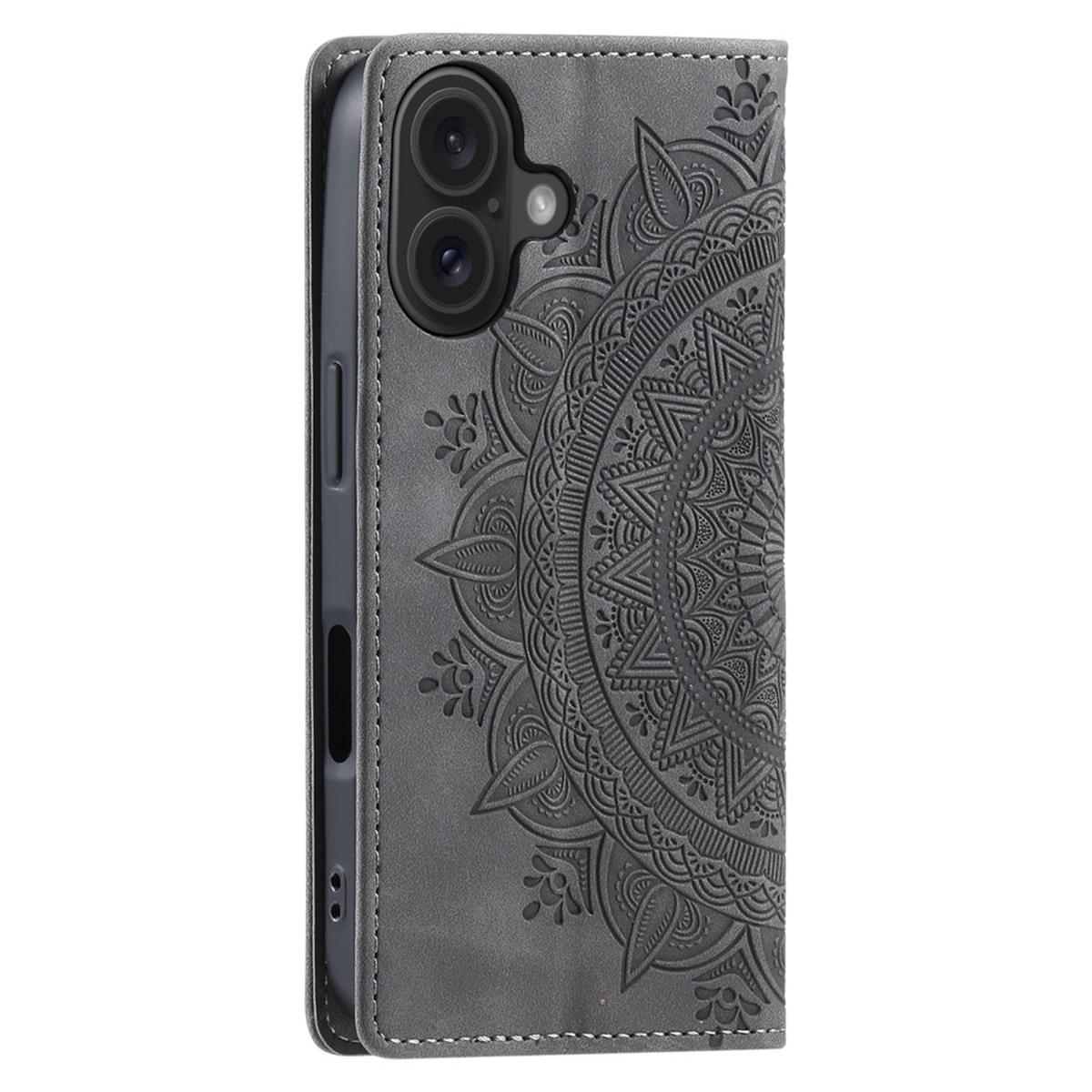 Hülle für Apple iPhone 16 Plus Handyhülle Flip Case Cover Tasche Mandala Grau