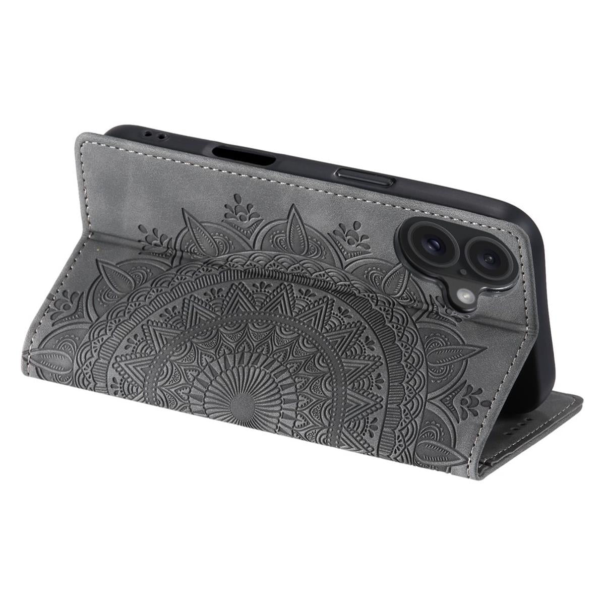 Hülle für Apple iPhone 16 Plus Handyhülle Flip Case Cover Tasche Mandala Grau