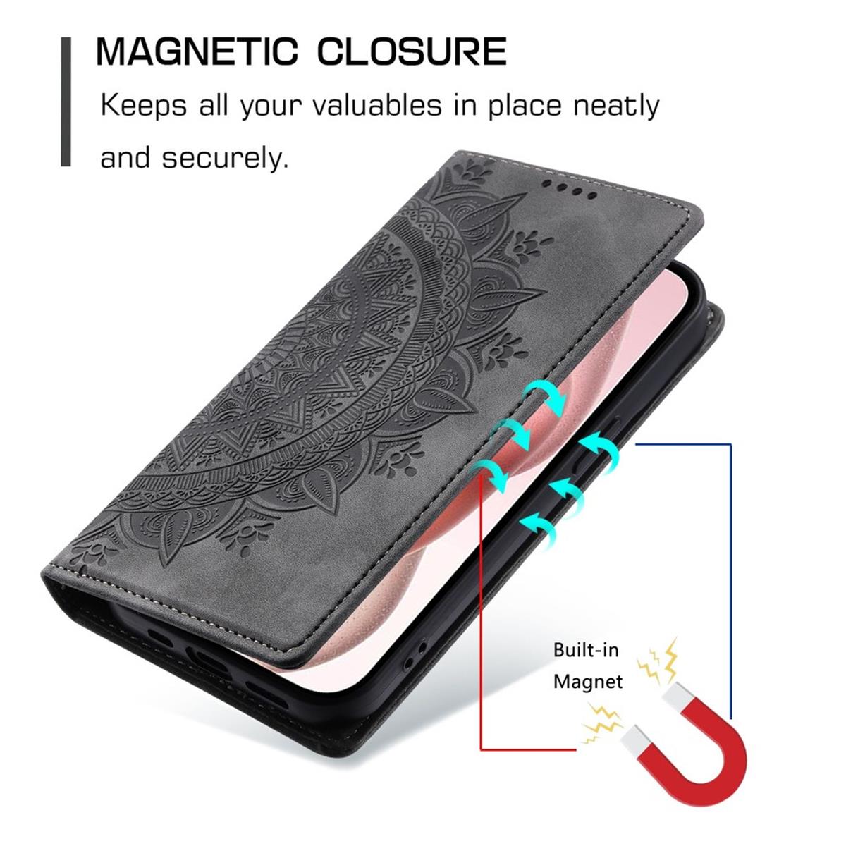 Hülle für Apple iPhone 16 Plus Handyhülle Flip Case Cover Tasche Mandala Grau