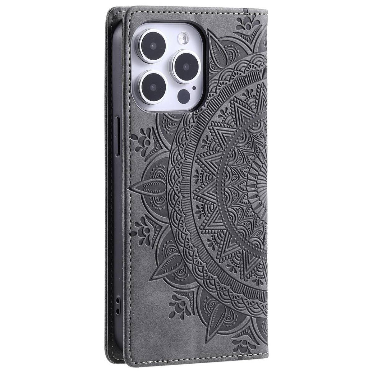 Hülle für Apple iPhone 16 Pro Handyhülle Flip Case Cover Etui Mandala Grau