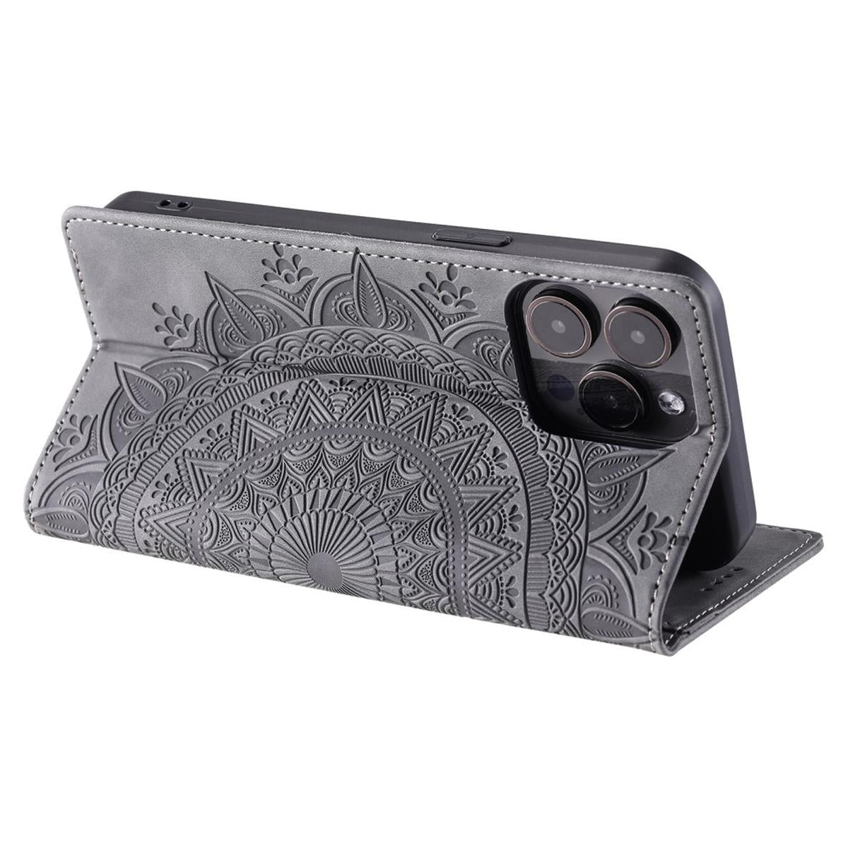 Hülle für Apple iPhone 16 Pro Handyhülle Flip Case Cover Etui Mandala Grau