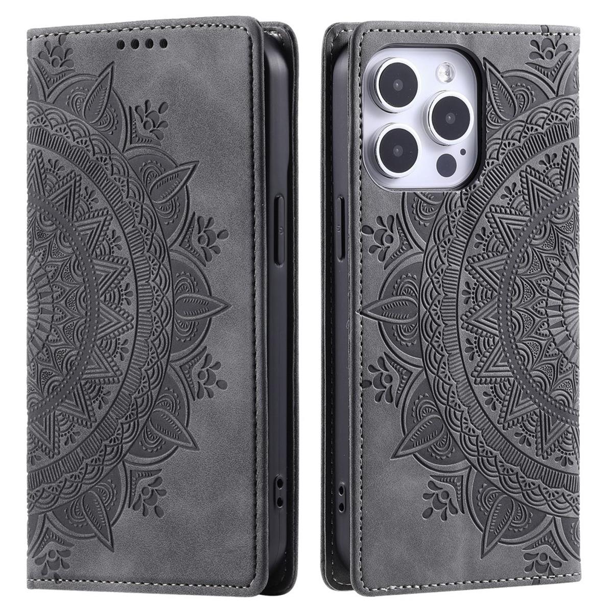 Hülle für Apple iPhone 16 Pro Max Handyhülle Flip Case Cover Tasche Mandala Grau