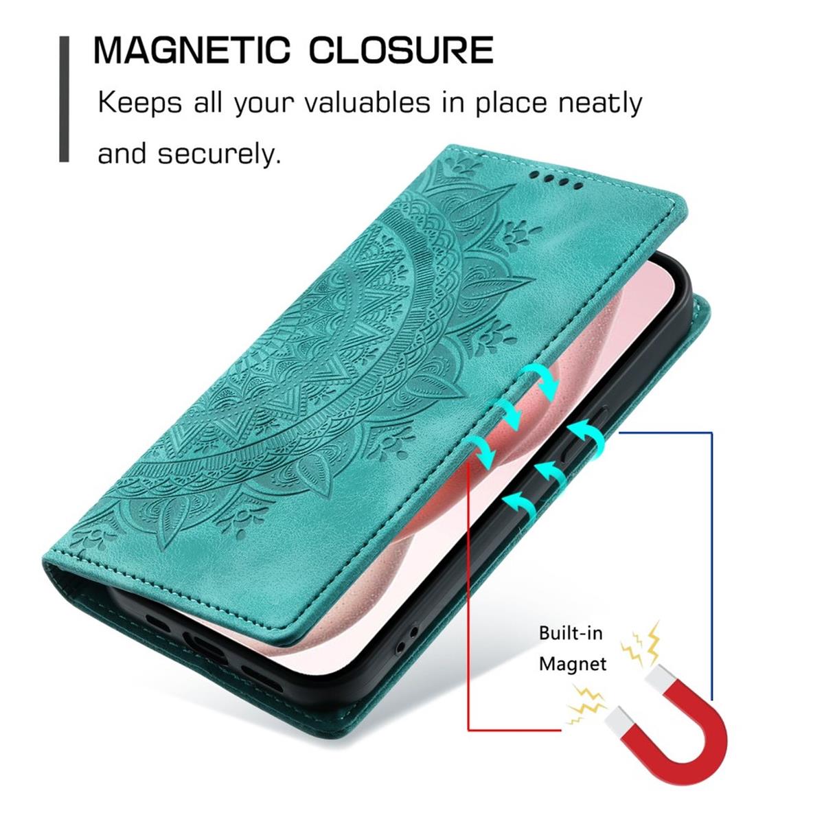 Hülle für Apple iPhone 16 Pro Max Handyhülle Flip Case Cover Tasche Mandala Grün