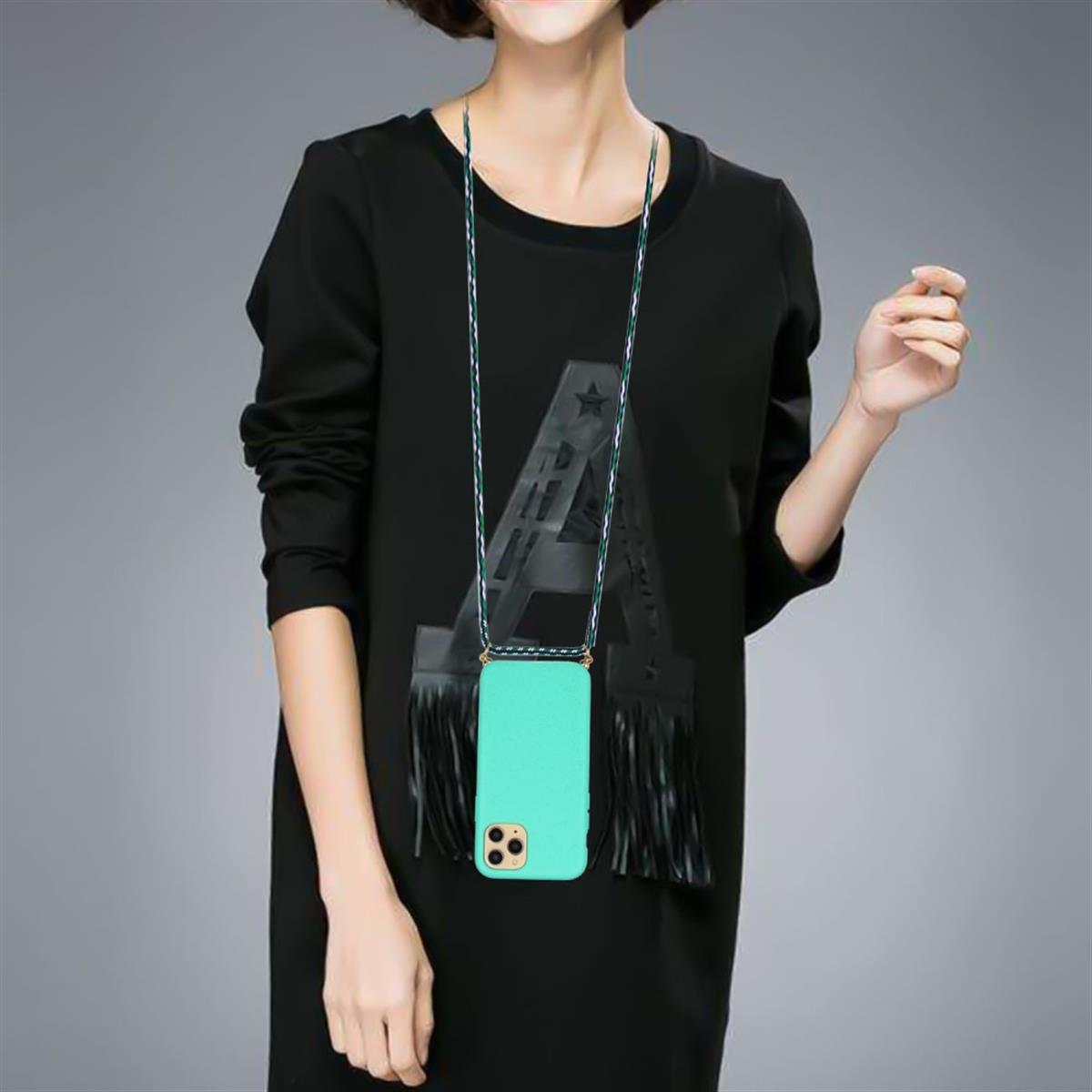 Hülle für Apple iPhone 13 Mini Handy Silikon Case Handykette Band Schnur Grün