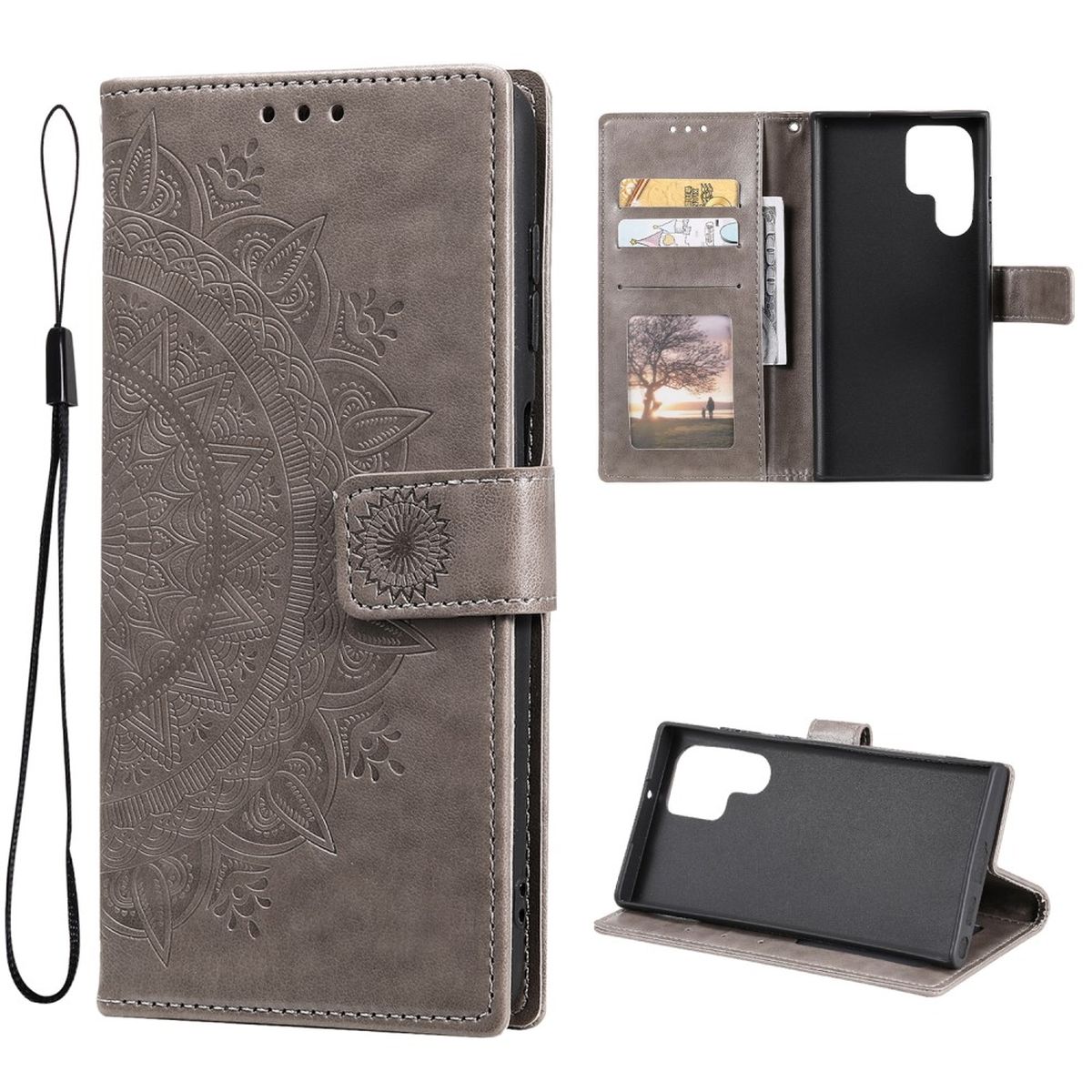 Hülle für Samsung Galaxy S22 Ultra Handyhülle Flip Case Cover Etui Mandala Grau