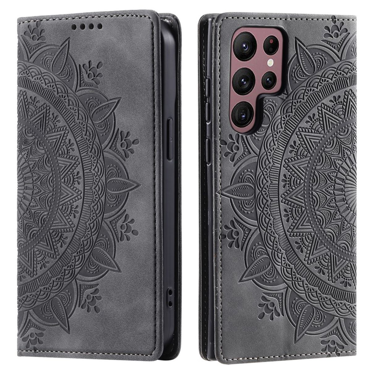Hülle für Samsung Galaxy S24 Ultra Handyhülle Flip Case Cover Etui Mandala Grau