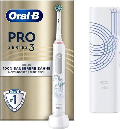 Oral-B Pro Series 3 Elektrische Zahnbürste/Electric Toothbrush, 1 Aufsteckbürste, 3 Putzmodi und visuelle 360° Andruckkontrolle für Zahnpflege, Reiseetui, Special Edition, Designed by Braun, white