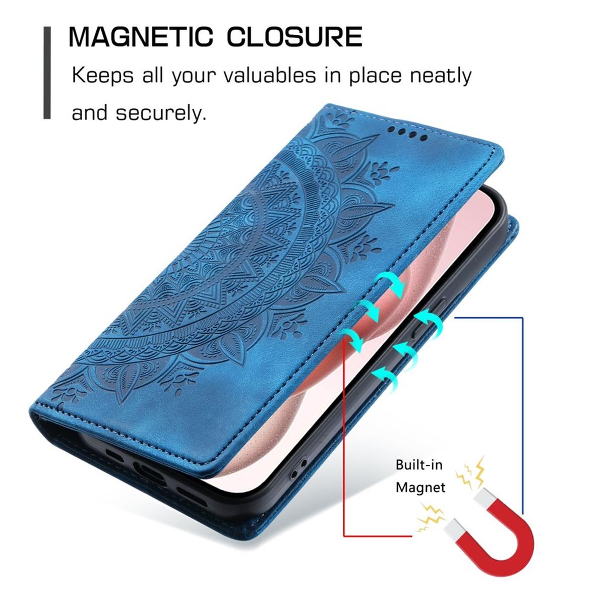 Hülle für Apple iPhone 16 Pro Max Handyhülle Flip Case Cover Tasche Mandala Blau