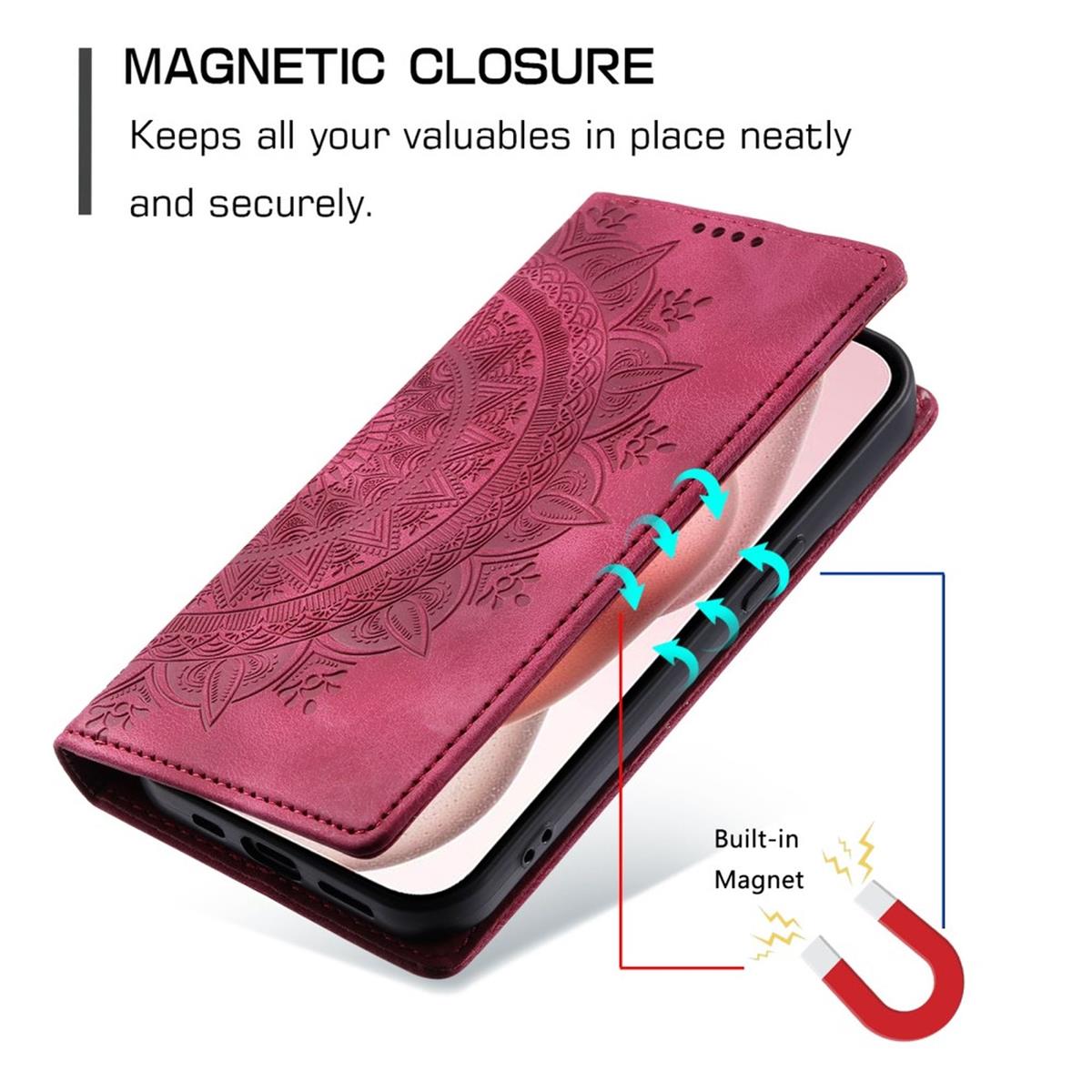 Hülle für Apple iPhone 16 Handyhülle Flip Case Cover Tasche Etui Mandala Rot