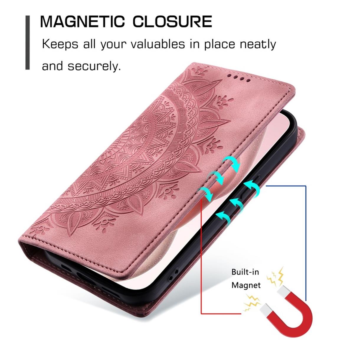 Hülle für Apple iPhone 16 Pro Max Handyhülle Flip Case Cover Tasche Mandala Rose
