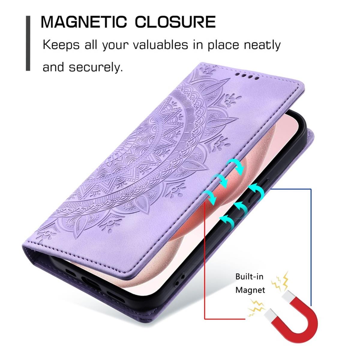 Hülle für Apple iPhone 16 Handyhülle Flip Case Cover Tasche Etui Mandala Lila