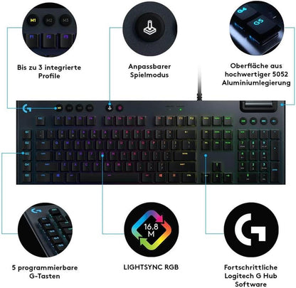 Logitech G815 mechanische Gaming-Tastatur, Taktile GL-Tasten, LIGHTSYNC RGB, 5 G-Tasten QWERTZ