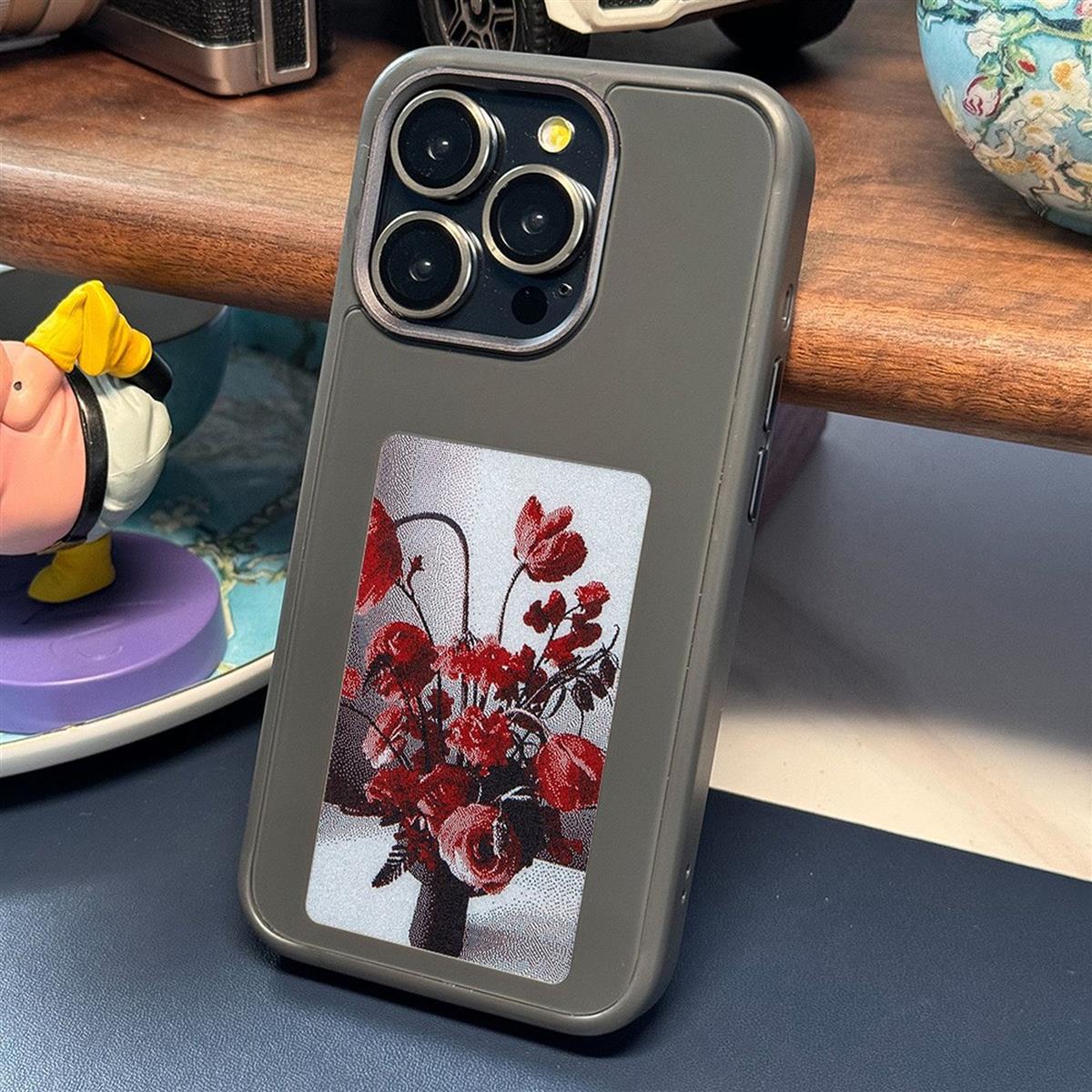 Hülle für Apple iPhone 15 Handy Case mit NFC Display E-Ink Silikon Hybrid Cover