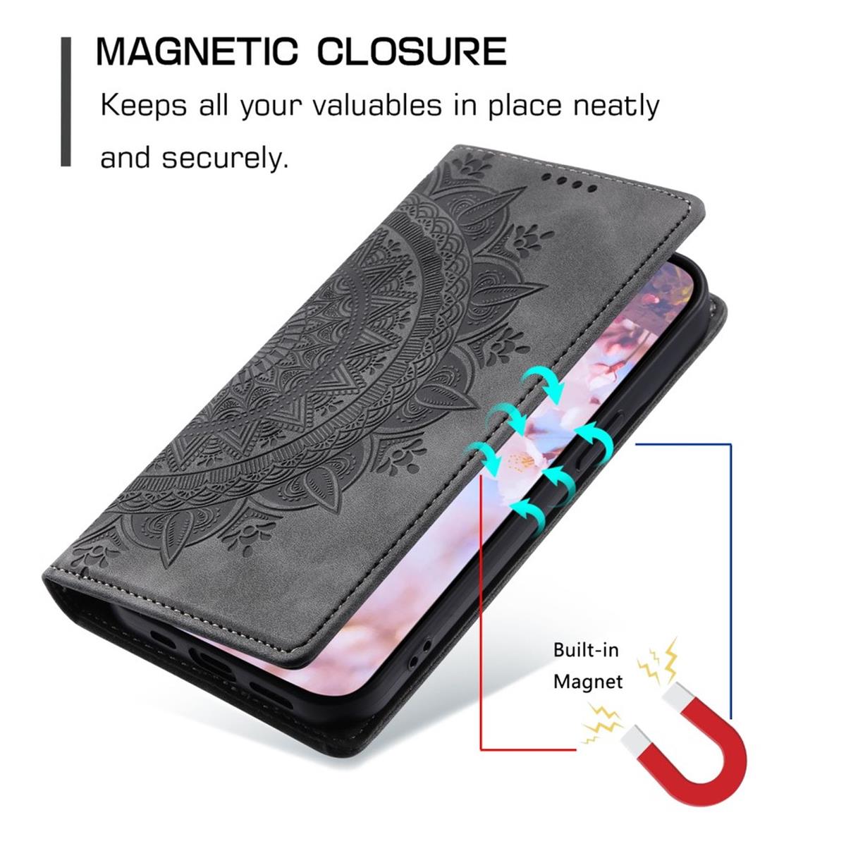 Hülle für Google Pixel 9/9 Pro Handyhülle Flip Case Cover Etui Mandala Grau