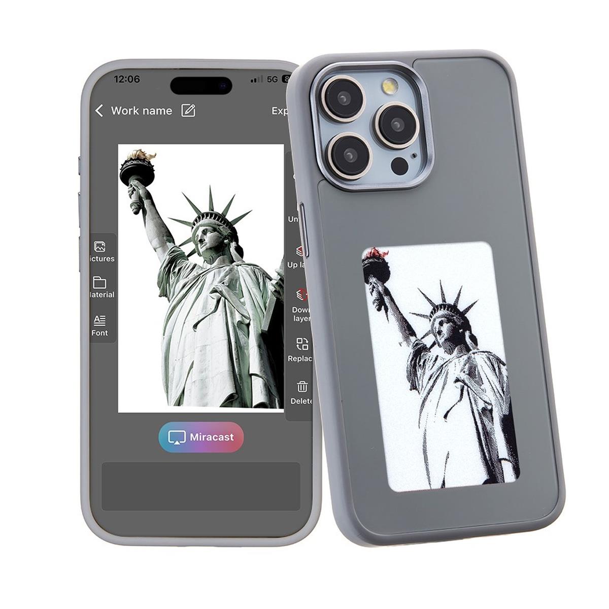 Hülle für Apple iPhone 15 Handy Case mit NFC Display E-Ink Silikon Hybrid Cover