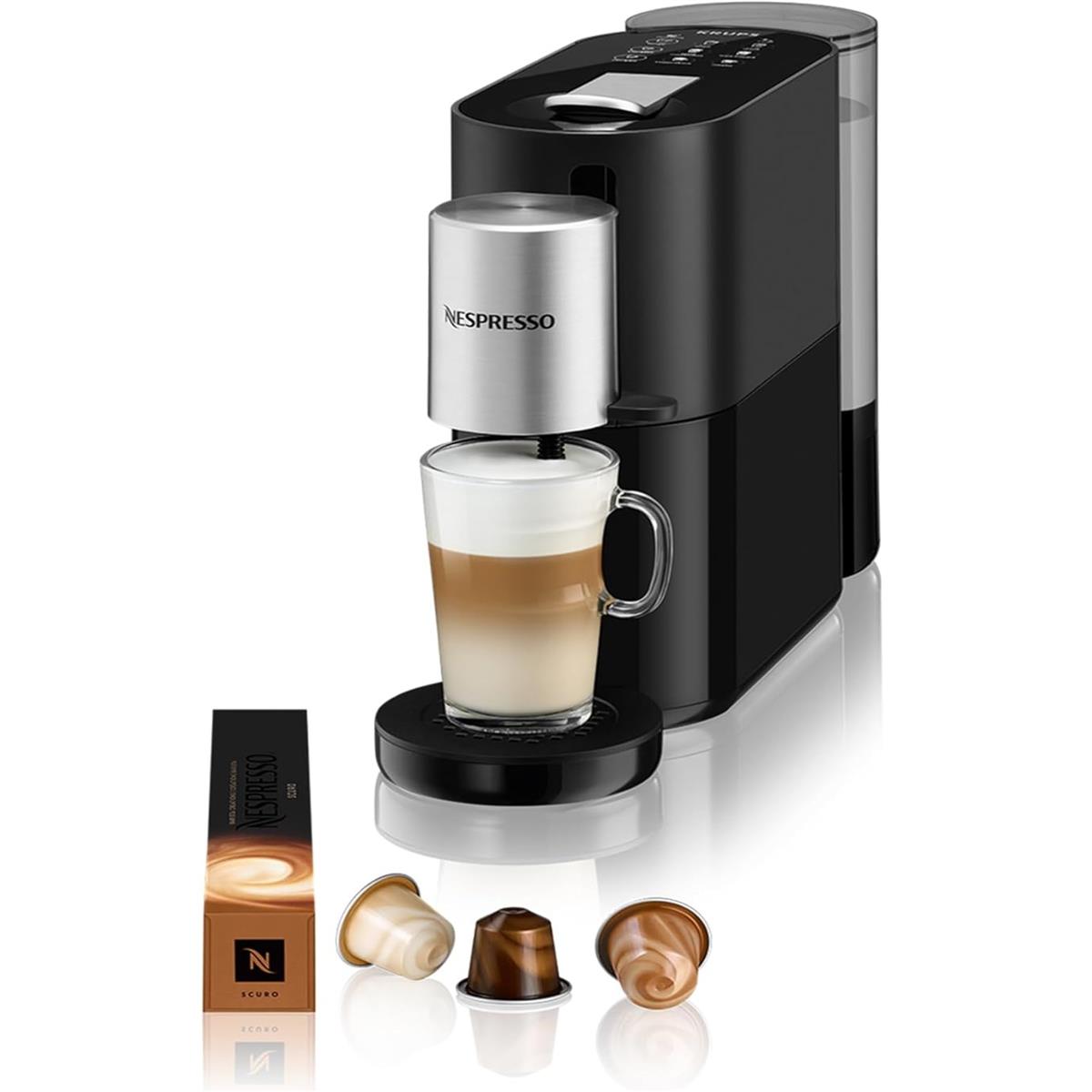 Nespresso Krups Atelier XN8908 Kaffeemaschine mit Milchaufschäumer, 1 L Wassertank, inkl. Glastasse+Kapseln, 19bar Druck, schwarz/silber
