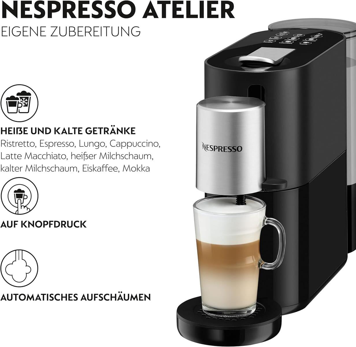 Nespresso Krups Atelier XN8908 Kaffeemaschine mit Milchaufschäumer, 1 L Wassertank, inkl. Glastasse+Kapseln, 19bar Druck, schwarz/silber