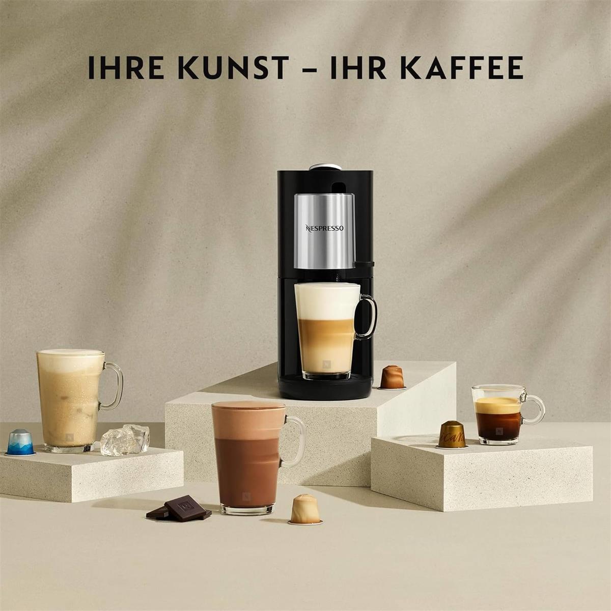Nespresso Krups Atelier XN8908 Kaffeemaschine mit Milchaufschäumer, 1 L Wassertank, inkl. Glastasse+Kapseln, 19bar Druck, schwarz/silber