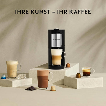 Nespresso Krups Atelier XN8908 Kaffeemaschine mit Milchaufschäumer, 1 L Wassertank, inkl. Glastasse+Kapseln, 19bar Druck, schwarz/silber