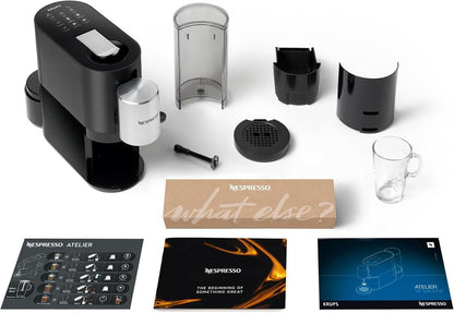 Nespresso Krups Atelier XN8908 Kaffeemaschine mit Milchaufschäumer, 1 L Wassertank, inkl. Glastasse+Kapseln, 19bar Druck, schwarz/silber