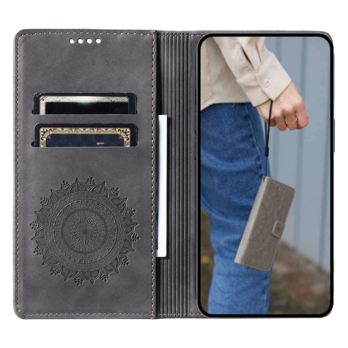 Hülle für Samsung Galaxy S24 Handyhülle Flip Case Cover Tasche Etui Mandala Grau