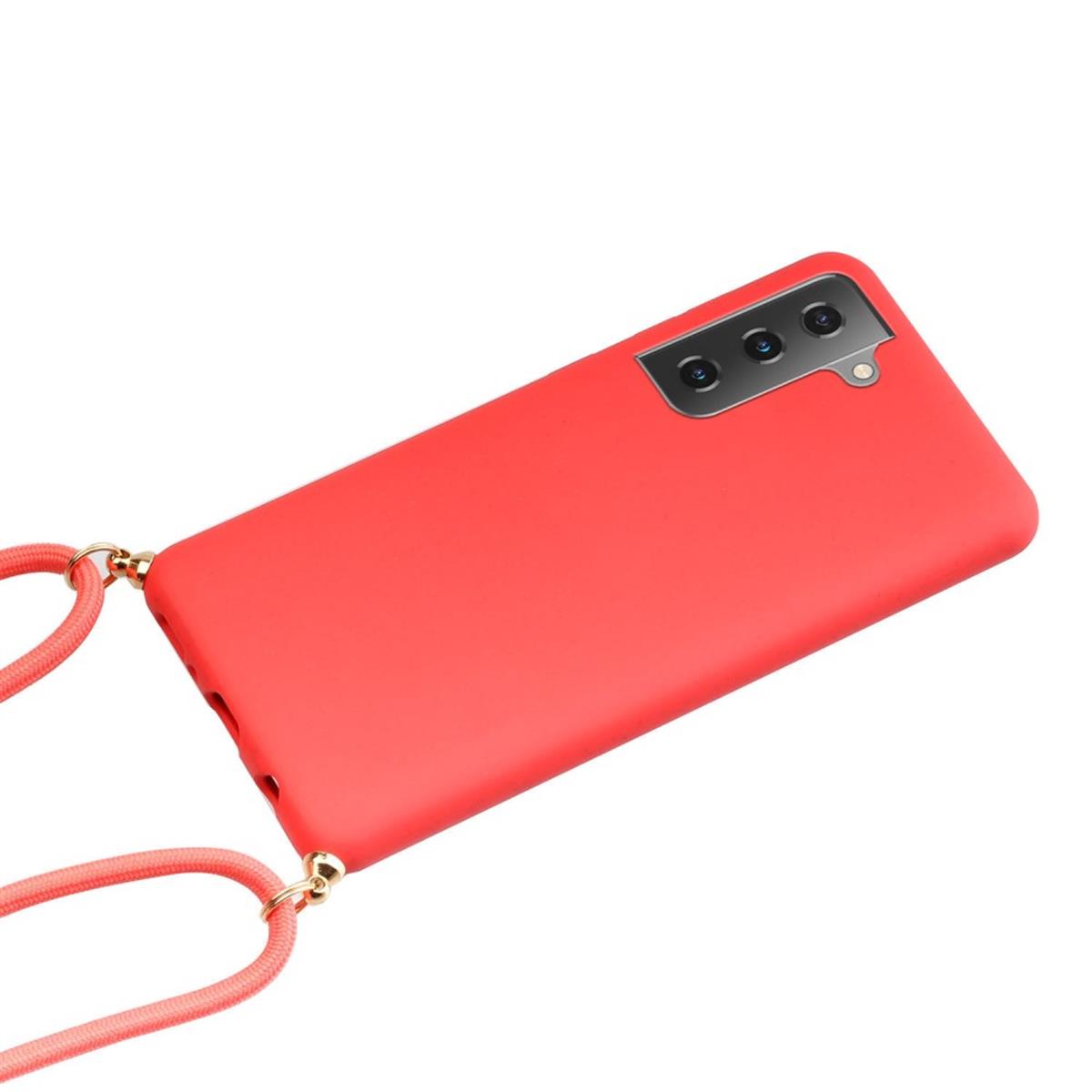 Hülle für Samsung Galaxy S21+ [Plus] Handyhülle Silikon Case Band Handykette Kordel Rot