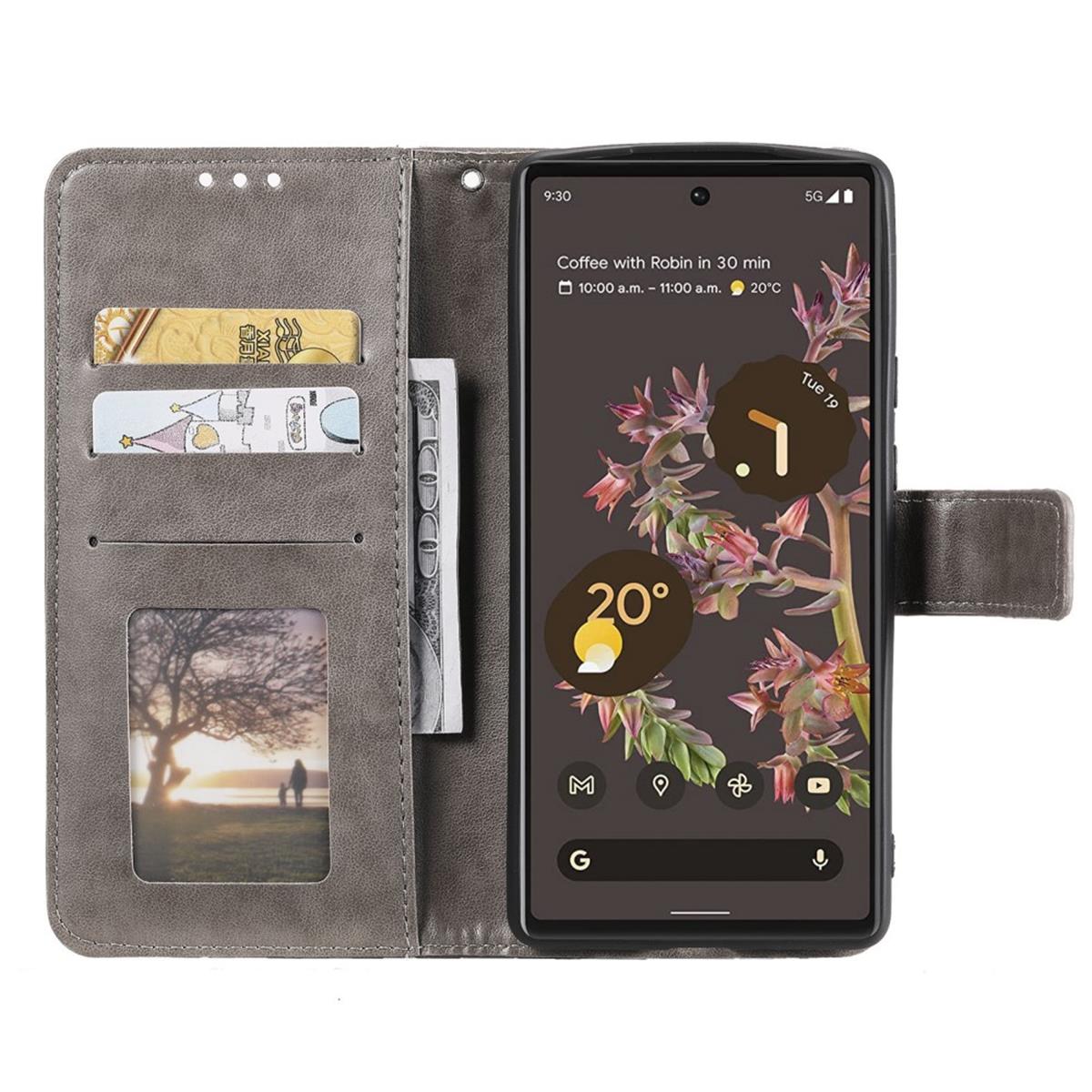 Hülle für Google Pixel 6 Handyhülle Tasche Flip Case Cover Etui Mandala Grau