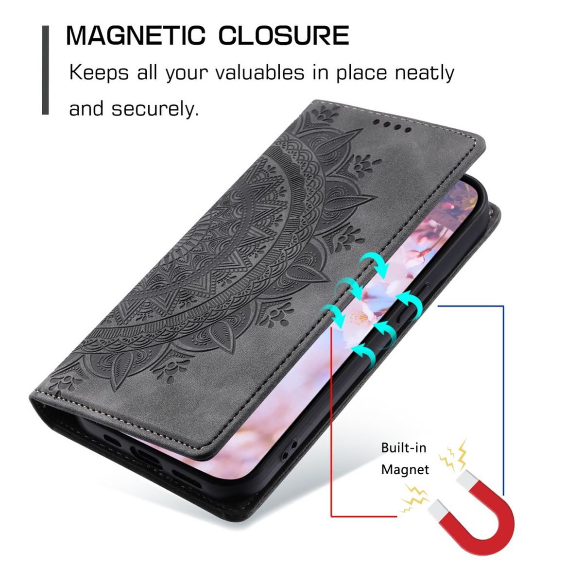 Hülle für Samsung Galaxy S24 Handyhülle Flip Case Cover Tasche Etui Mandala Grau