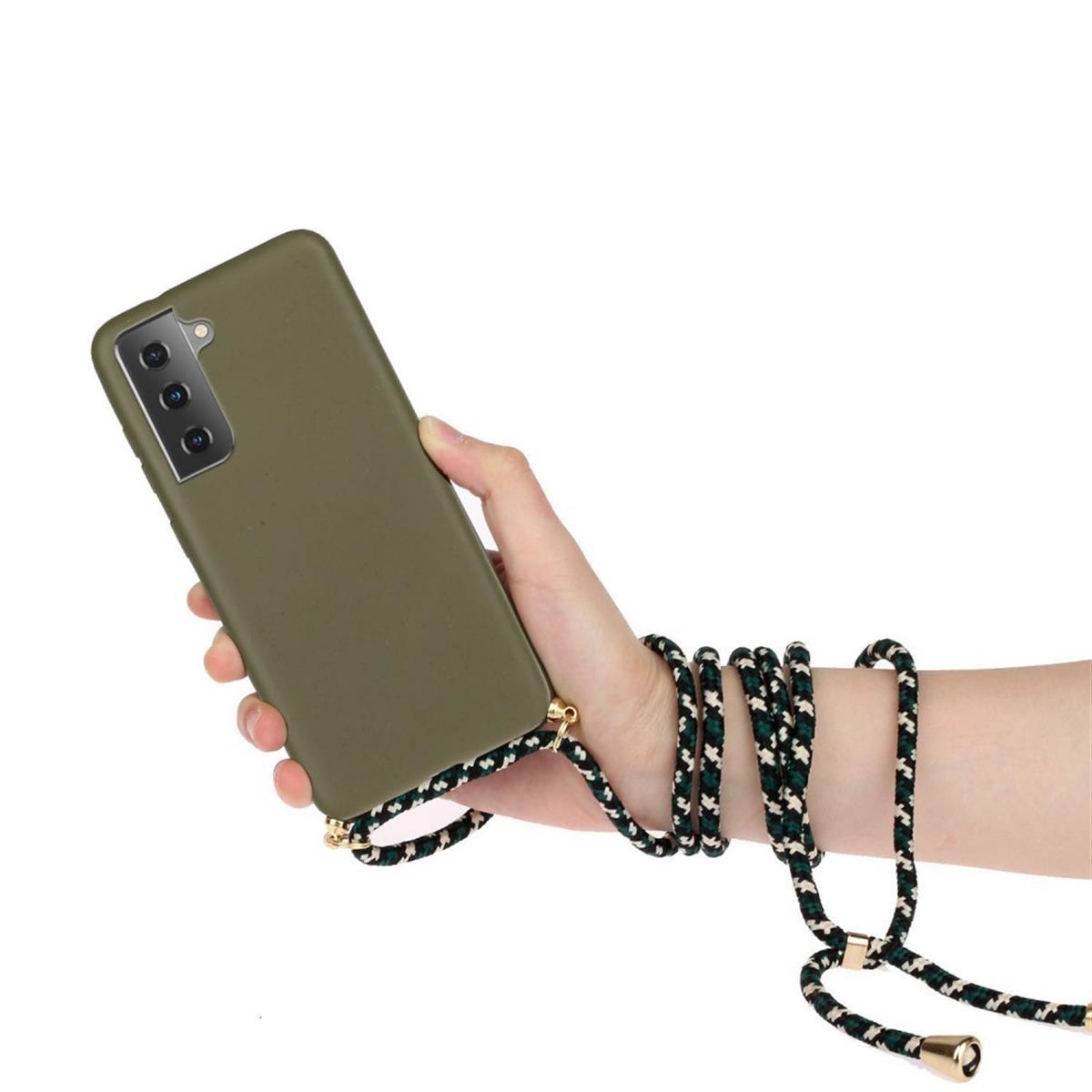 Hülle für Samsung Galaxy S21+ [Plus] Handyhülle Silikon Case Band Handykette Kordel Oliv
