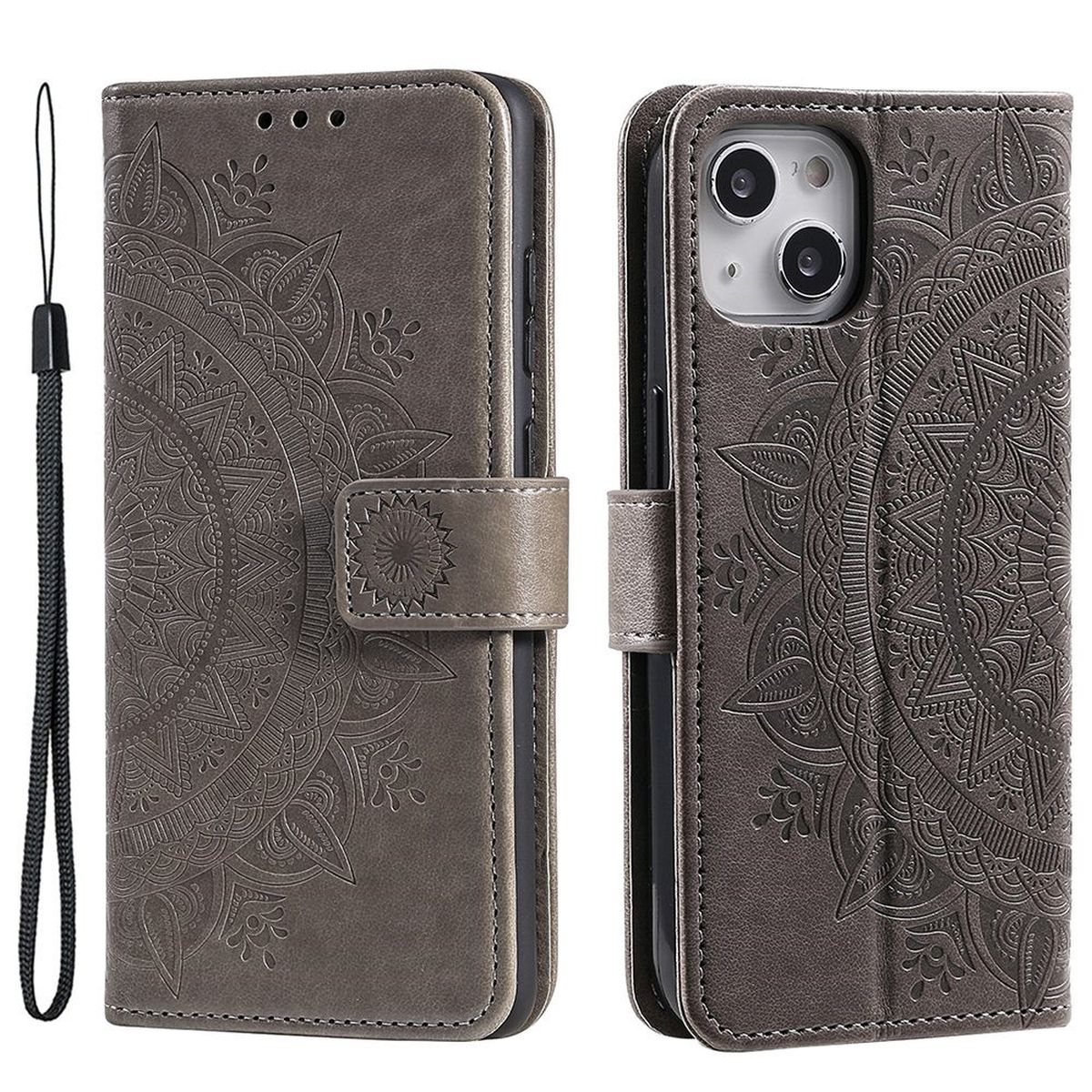 Hülle für Apple iPhone 14 Handyhülle Flip Case Cover Handy Tasche Mandala Grau