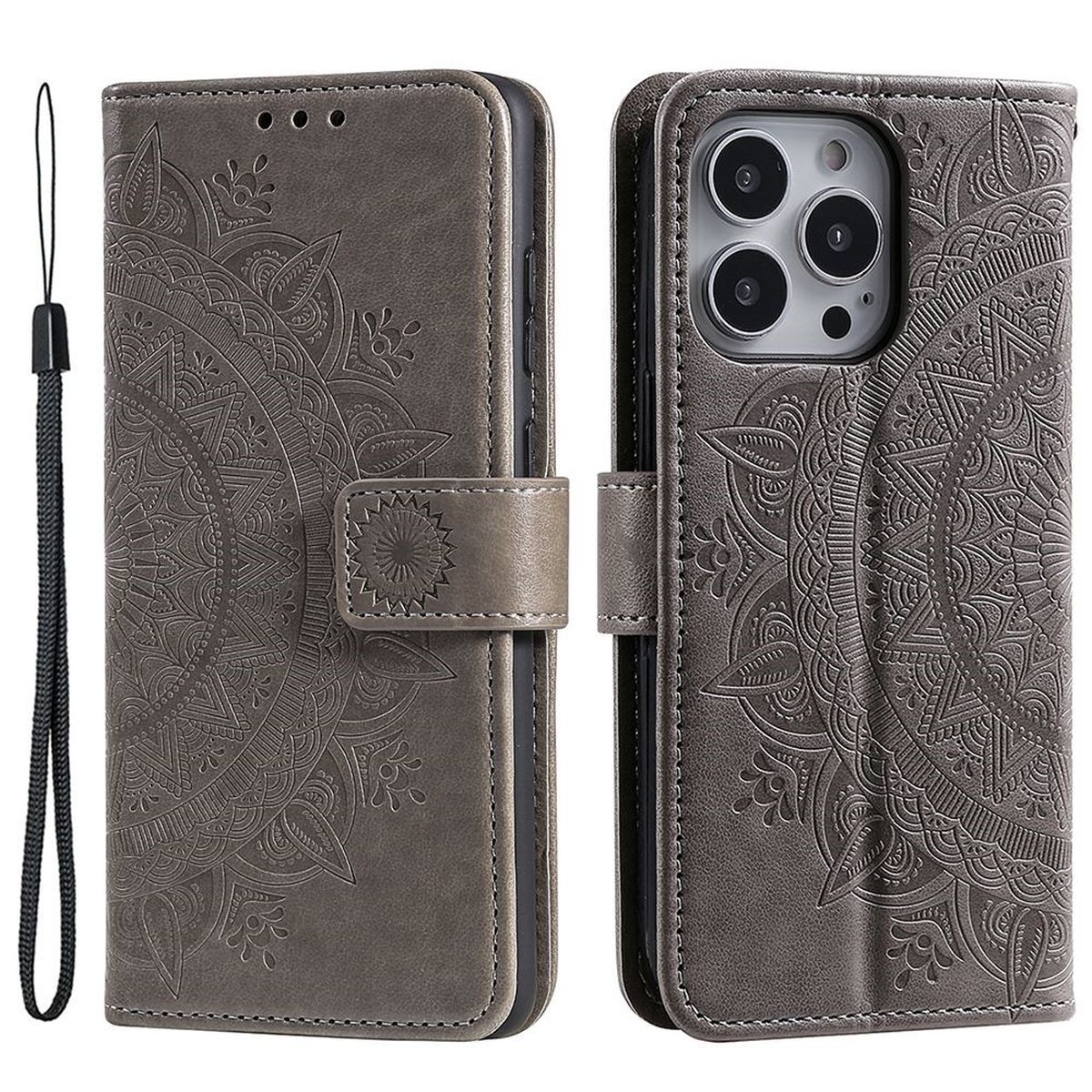 Hülle für Apple iPhone 14 Pro Max Handyhülle Flip Case Schutzhülle Mandala Grau