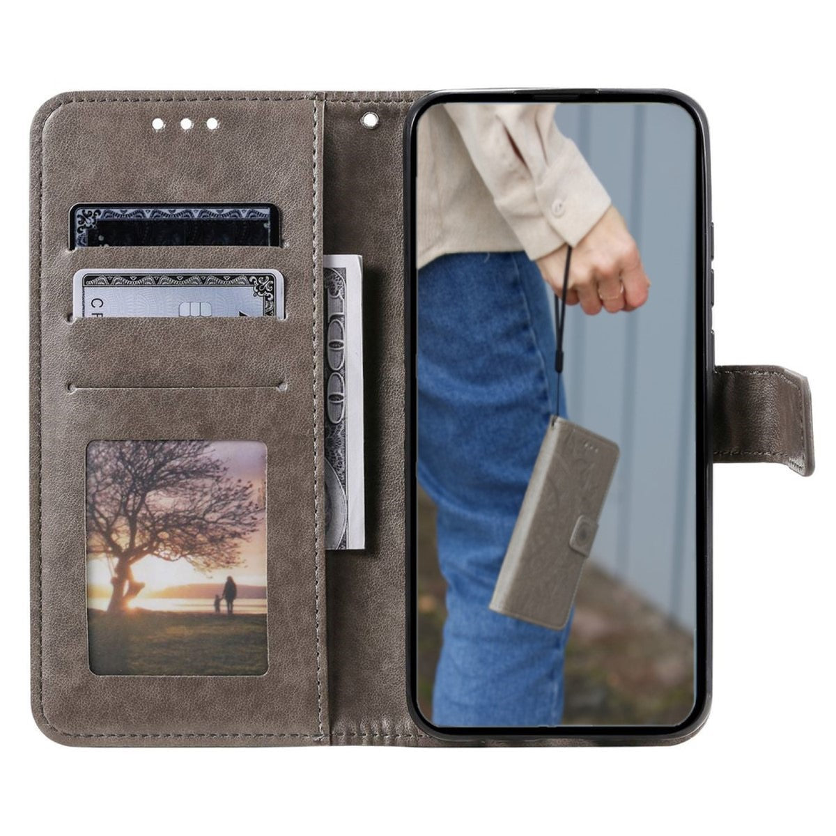 Hülle für Samsung Galaxy A14 4G/5G Handyhülle Flip Case Cover Etui Mandala Grau